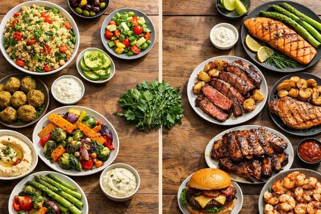 A beautiful comparison between Vegetarian and Omnivore Diet with fresh ingredients.