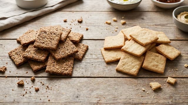 Whole grain crackers and gluten-free crackers on a wooden surface