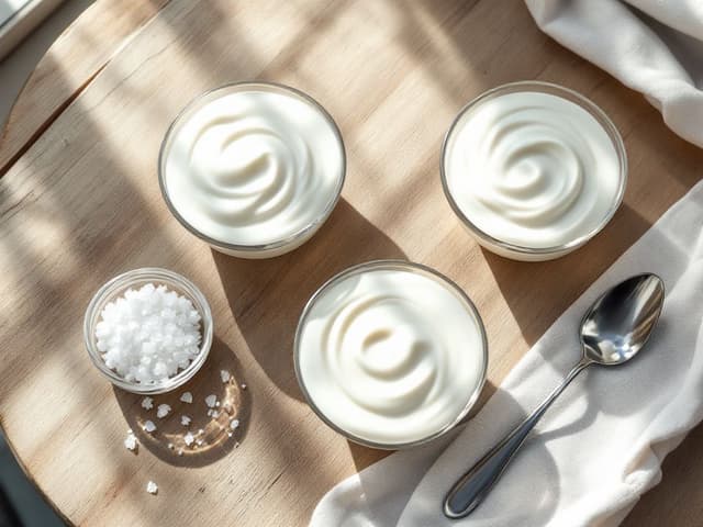 Coppette di yogurt cremoso con cristalli di zucchero e cucchiai su tavolo di legno